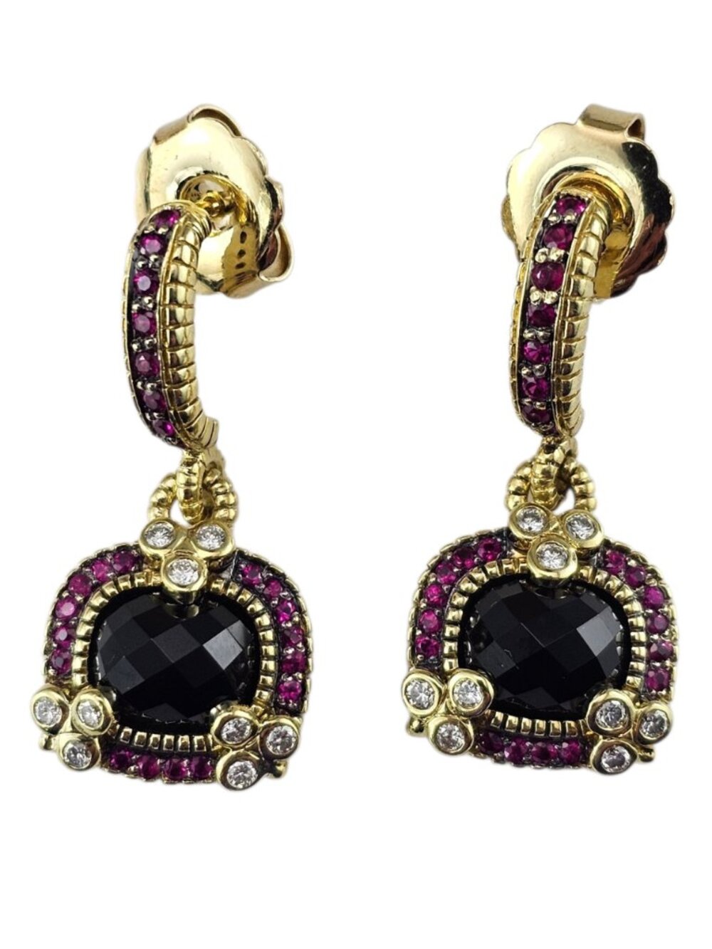 Judith Ripka 18K Gold Black and Red Stones Diamond Dangle Earrings #25487